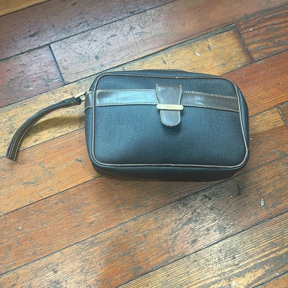 Dunhill Clutch Travel Bag Charcoal Gray Brown Leather Gold